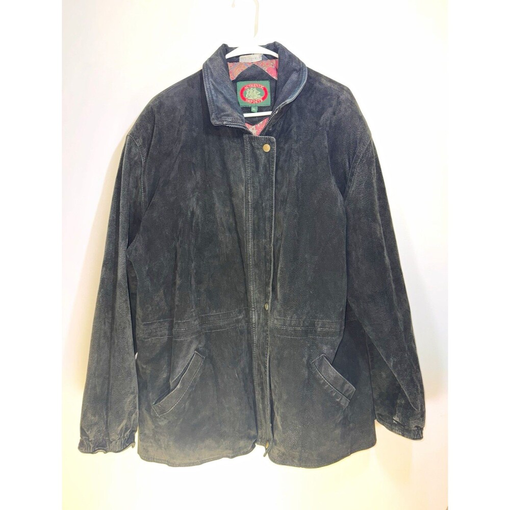 Authentic Imports Black Suede Zip/Button Lined Point Collar Jacket Pockets XL